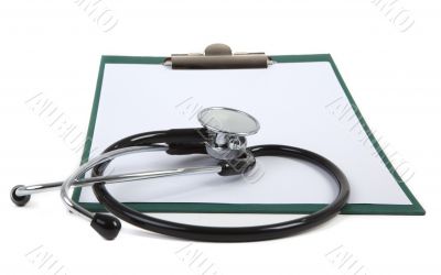 blank clipboard with stethoscope on white