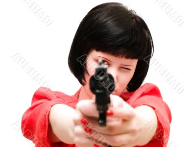 woman with pistol in red
