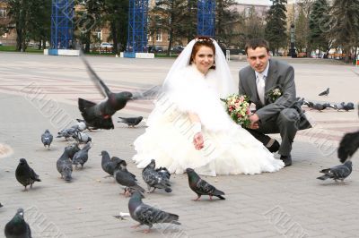 Bride, groom and doves