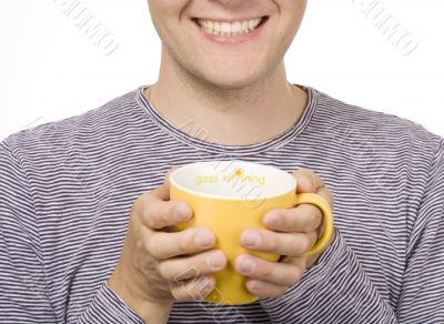 man with a yellow cup