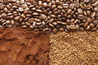 Coffee close up in grains, soluble