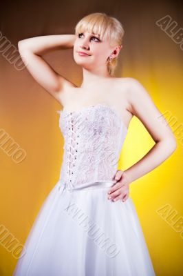 blonde in wedding dress separated