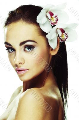 woman with bright white flowers