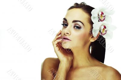 woman with bright white flowers