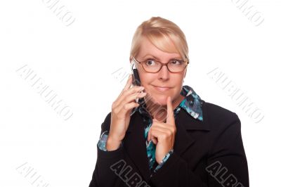 Intrigued Blonde Woman Using Phone