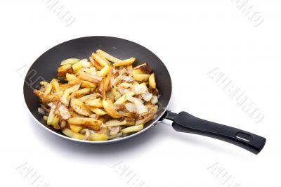 fried cutting potatoes in griddle on white