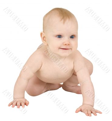 Happy baby crawl on a white