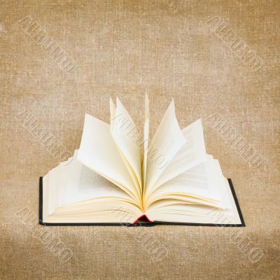 Open old book on brown canvas background
