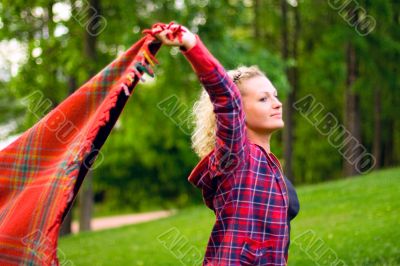 woman with red coverlet