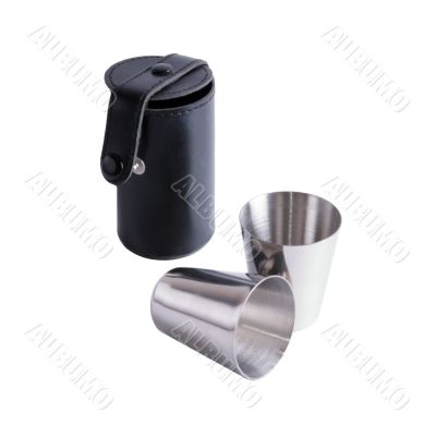 Two steel drinks and leather case