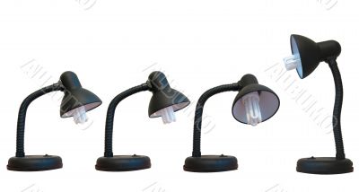 Black desk lamps over white background, teamwork concept