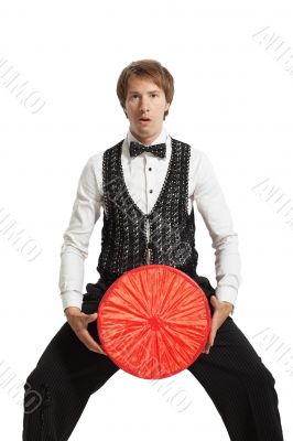 Juggler with his properties. Isolated on white background