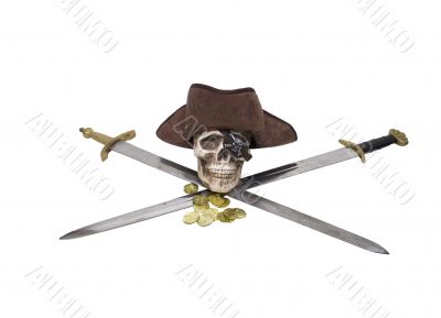 Crossed swords with pirate skull and booty