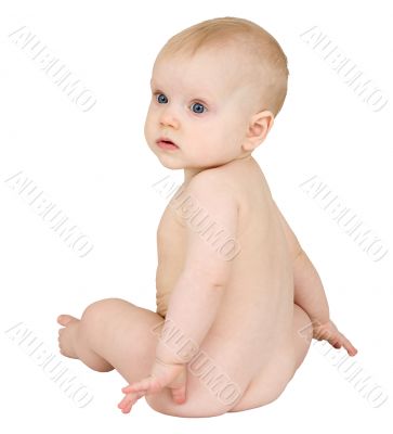 Baby sitting on a white background