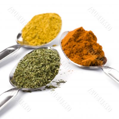 metal spoons with spices