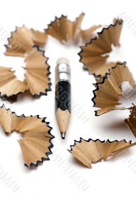 pencil and shavings on white background