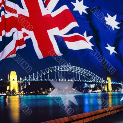 Sydney Harbor Bridge and Australian Flag