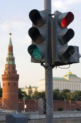Tower Moscow Kremlin and traffic lights