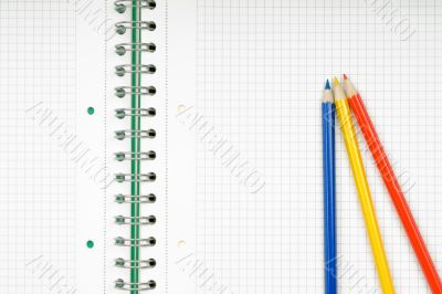 close up of notebook and pencil on white background with clipping path