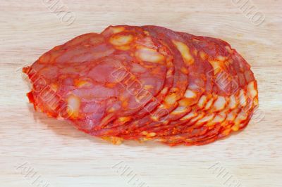 sliced salami on wooden plate