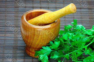 Old wooden mortar and pestle