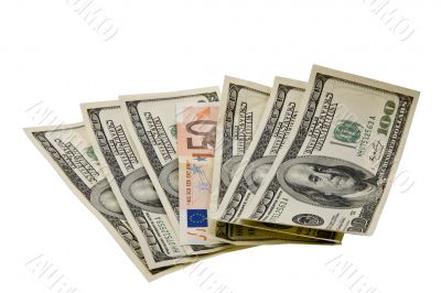 Dollars and Euro on a white background