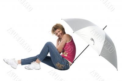 woman with big grey umbrella