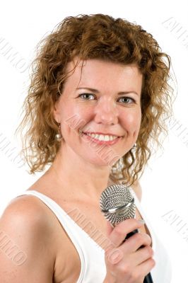 woman with microphone on white