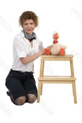 woman and toy on white