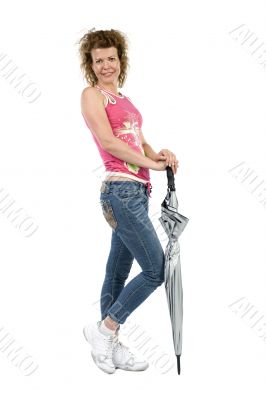 woman with grey umbrella close up