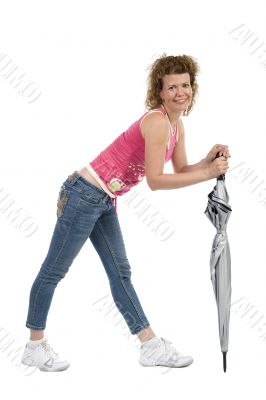 woman with grey umbrella closeup