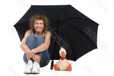 woman with umbrella and toy
