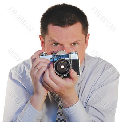 man with a old photo camera