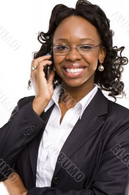 A friendly telephone operator isolated on white.