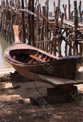 Old Wood Pier with Boat; Phang Nga Bay