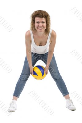 woman with colored ball on white