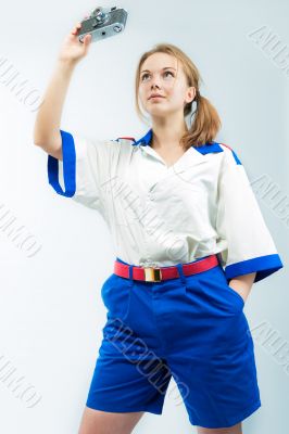 smiling pretty blonde female sailor with camera