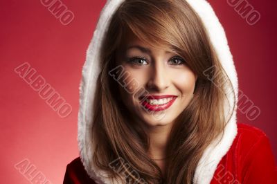 beautiful woman wearing fur hood