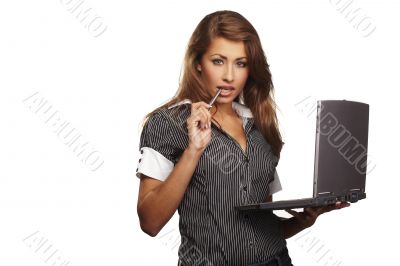 smiling young business-woman holding pen