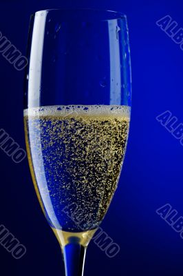 champagne glasses on blue close up