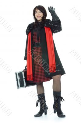 Beautifu lbrunette with valise