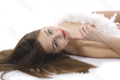 Nude girl with cape from feather