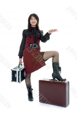 Beautifu lbrunette with valise