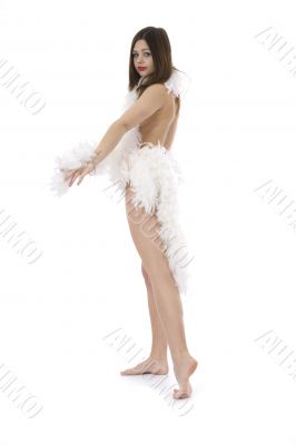 Nude girl with cape from feather
