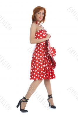 portrait redheaded with spotted dress