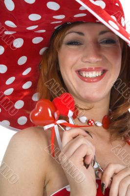portrait redheaded with spotted dress
