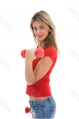 beautiful girl with dumbbells