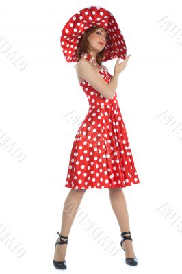 portrait redheaded with spotted dress
