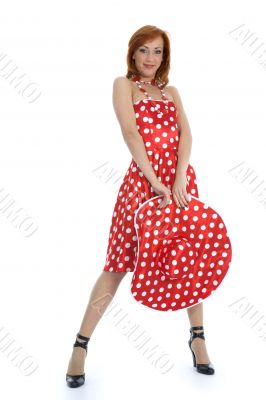 portrait redheaded with spotted dress