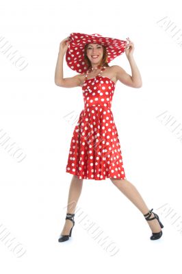 portrait redheaded with spotted dress
